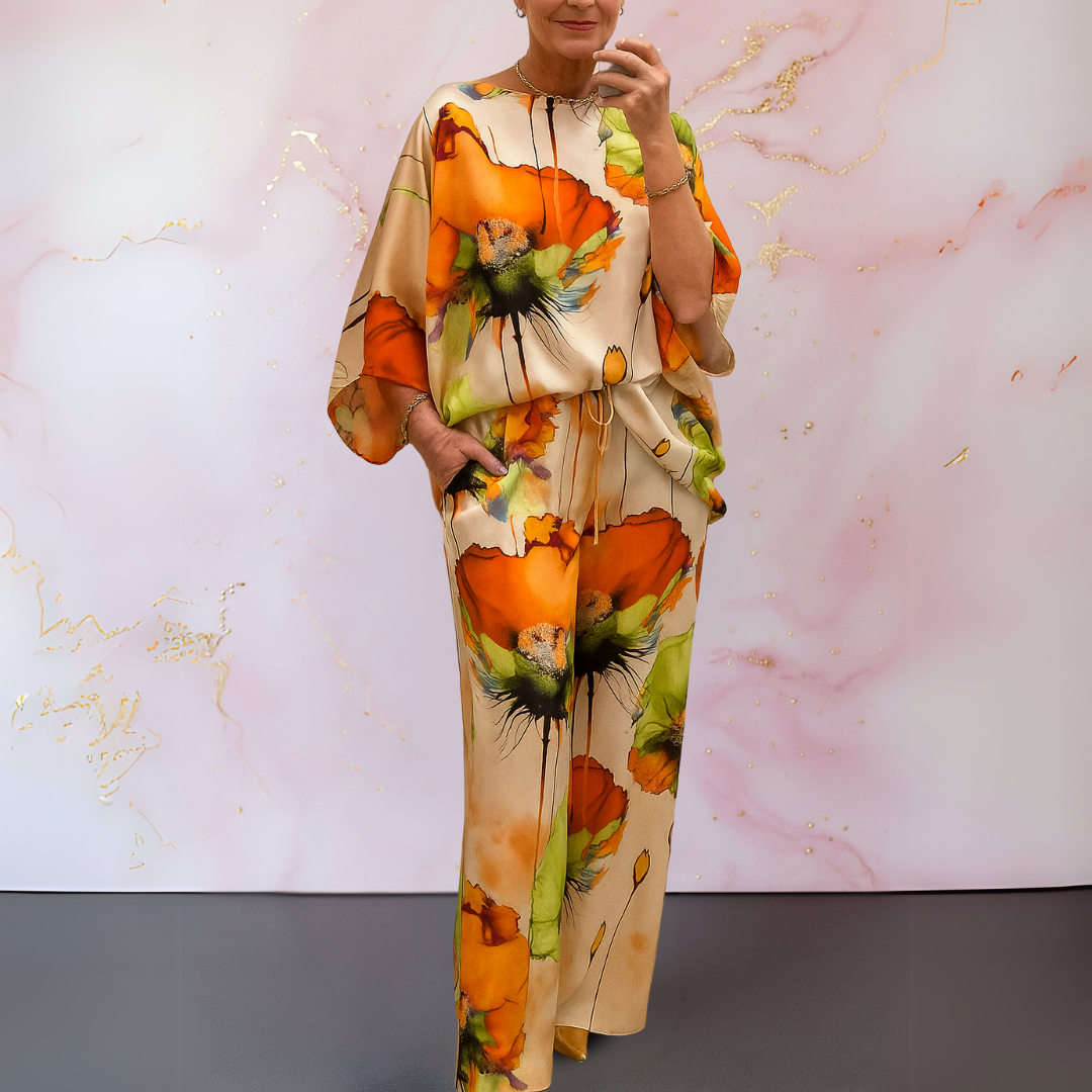 Mariana | Conjunto Satinado de Dos Piezas con Estampado Artístico