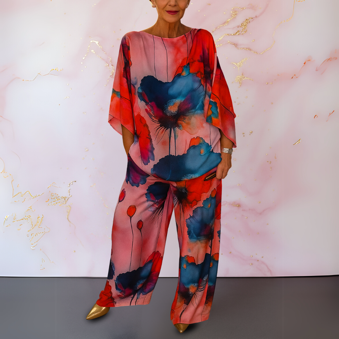 Mariana | Conjunto Satinado de Dos Piezas con Estampado Artístico