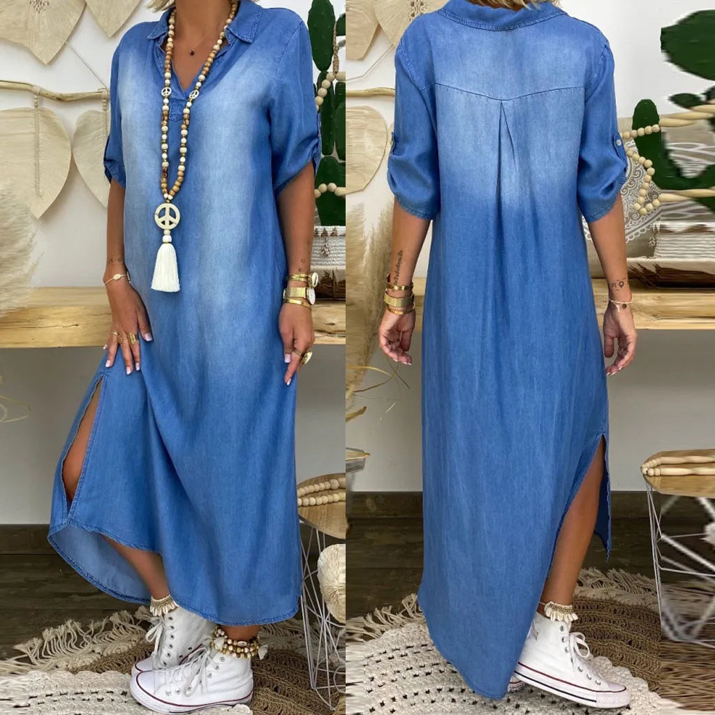 Lea | Vestido Largo Estilo Jeans con Abertura Lateral