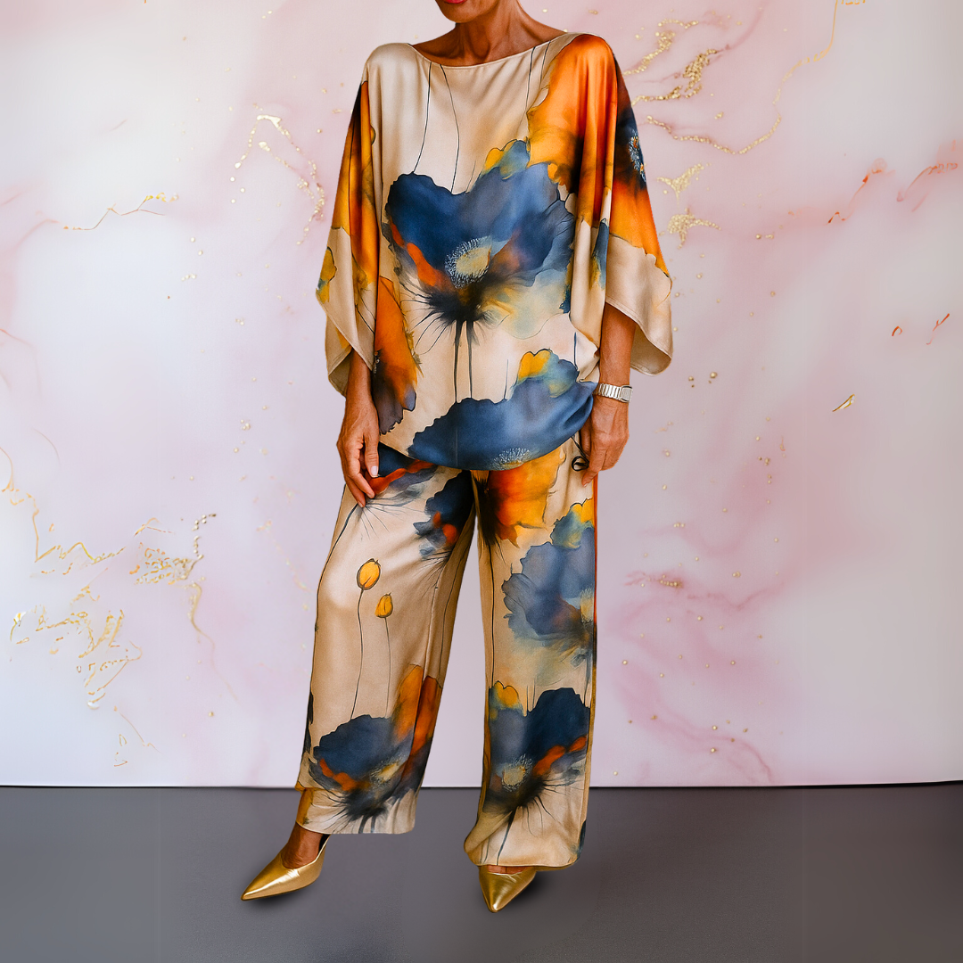 Mariana | Conjunto Satinado de Dos Piezas con Estampado Artístico