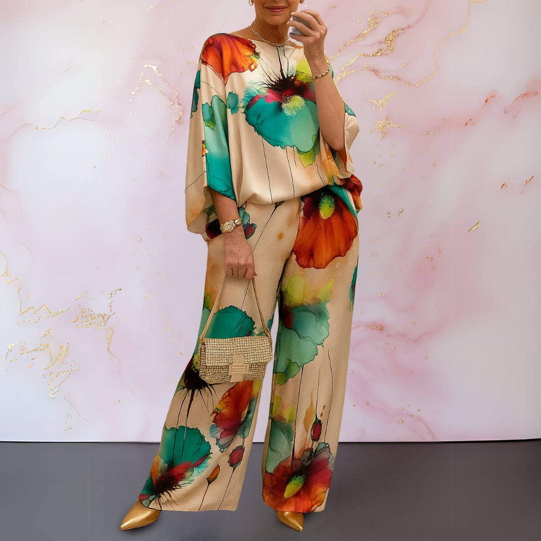 Mariana | Conjunto Satinado de Dos Piezas con Estampado Artístico