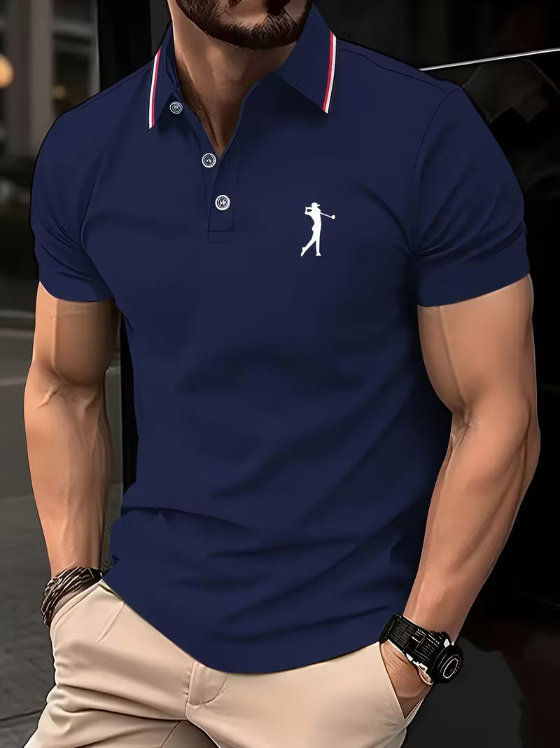Nicolás | Polera manga corta con cuello camisero y estampado de golf