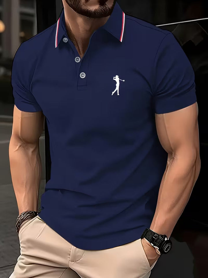 Nicolás | Polera manga corta con cuello camisero y estampado de golf
