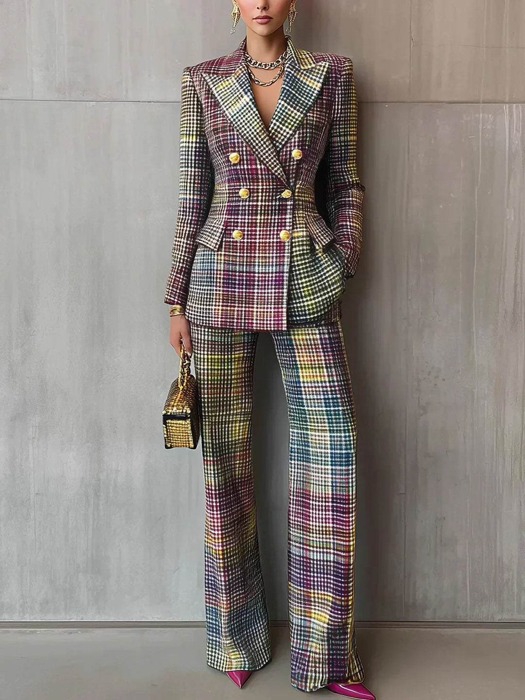 María Fernanda | Traje multicolor de tejido a cuadros