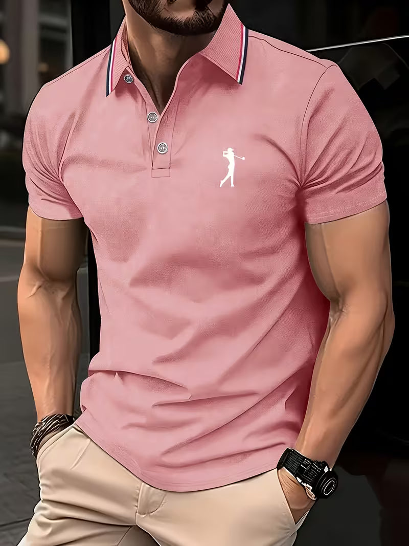Nicolás | Polera manga corta con cuello camisero y estampado de golf