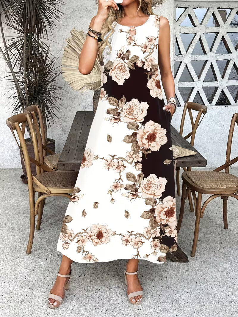 María Victoria | Vestido largo sin mangas con estampado floral y bolsillos