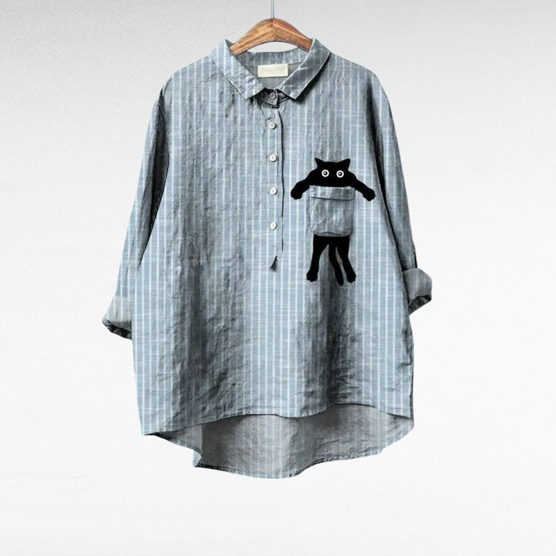 Olaya | Blusa de rayas con bolsillo y gatito