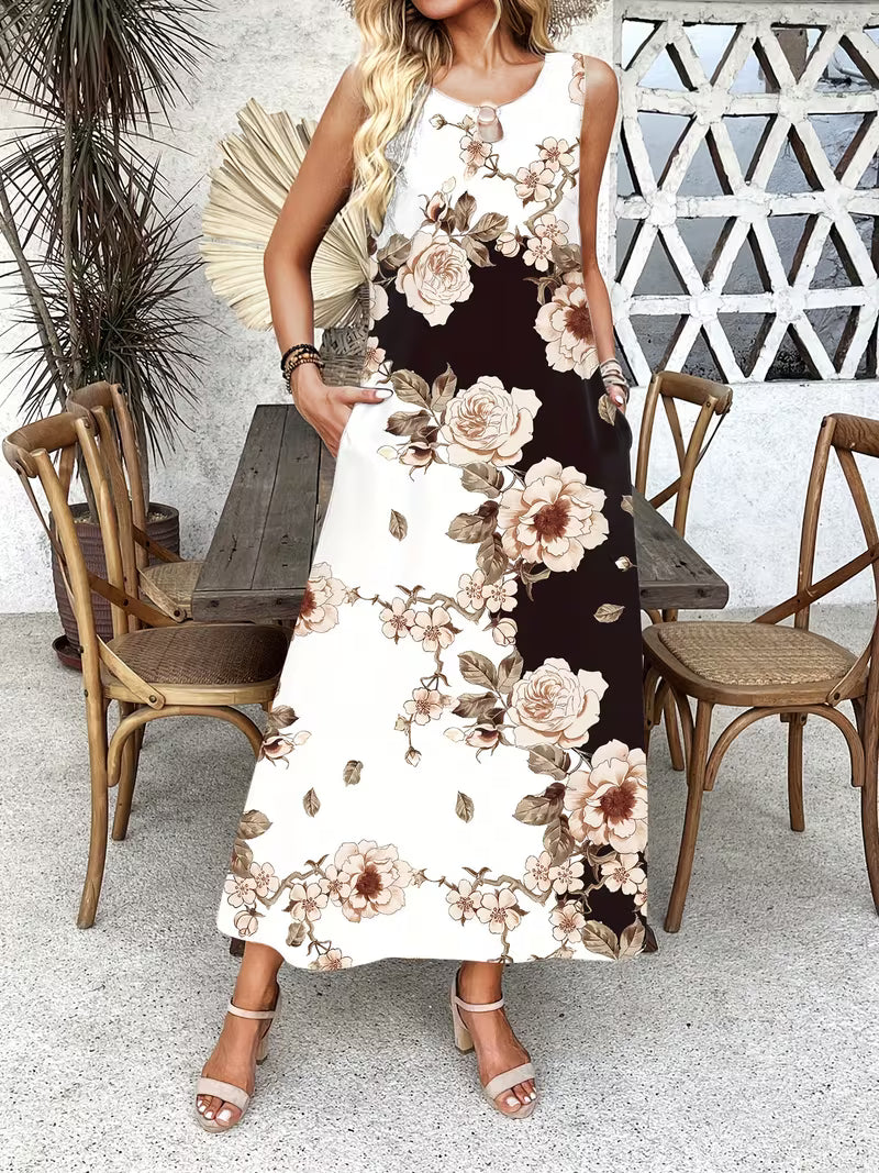 María Victoria | Vestido largo sin mangas con estampado floral y bolsillos