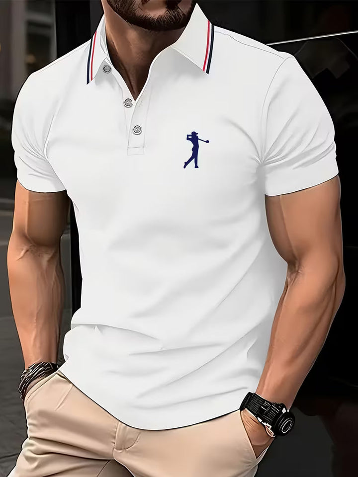 Nicolás | Polera manga corta con cuello camisero y estampado de golf