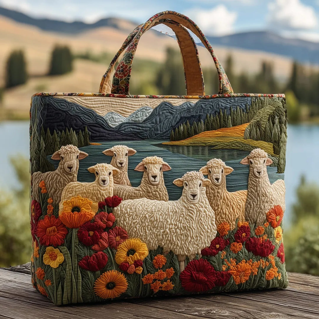 Pierina | Bolso tote acolchado con diseño de ovejas y flores