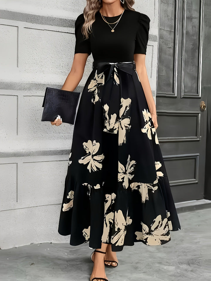 Fiorella | Vestido largo con falda floral y mangas abullonadas