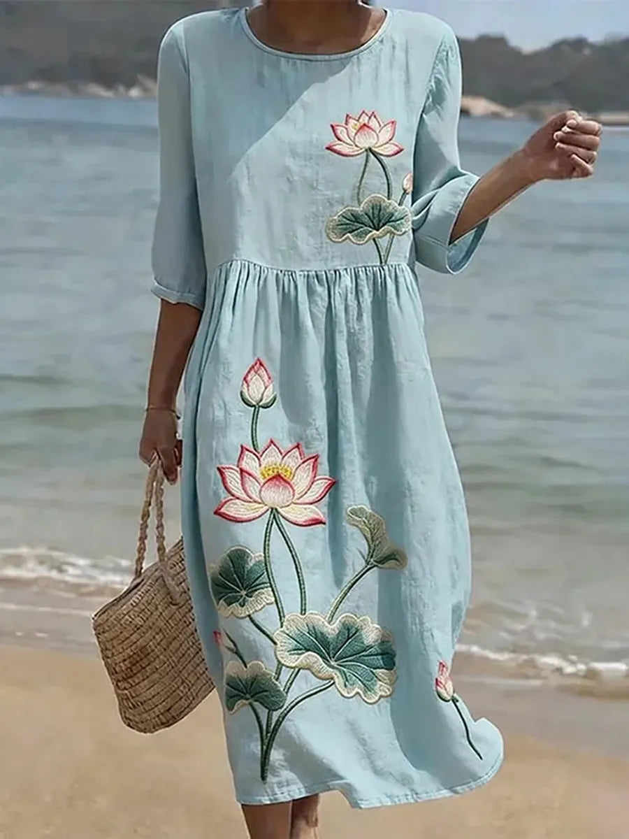 Nilda | Vestido midi floral cuello redondo