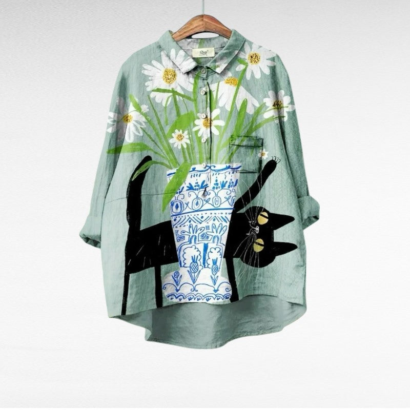 Hilda | Blusa manga larga con estampado de flores y gatos
