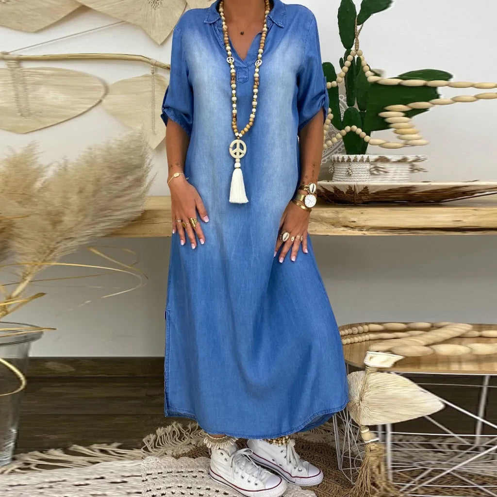 Lea | Vestido Largo Estilo Jeans con Abertura Lateral
