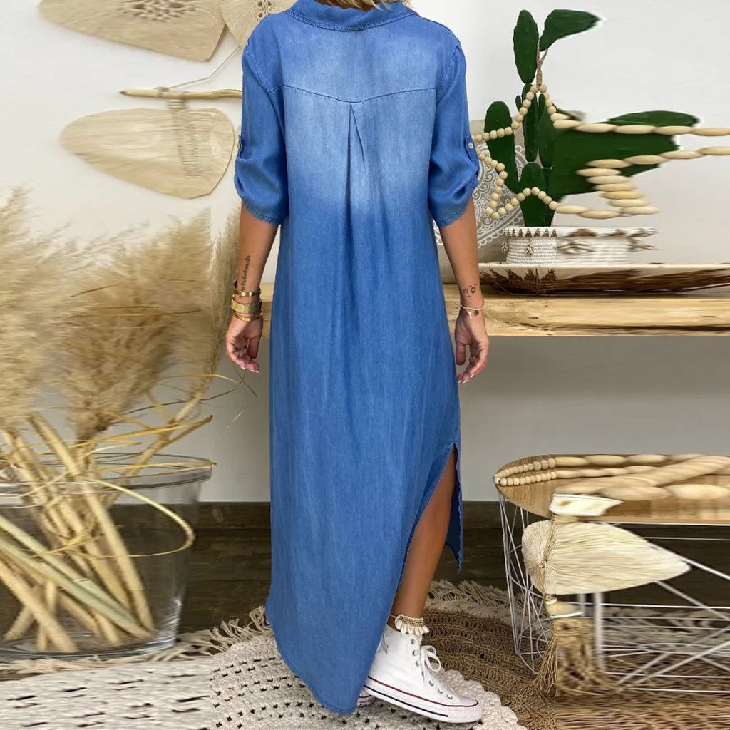 Lea | Vestido Largo Estilo Jeans con Abertura Lateral