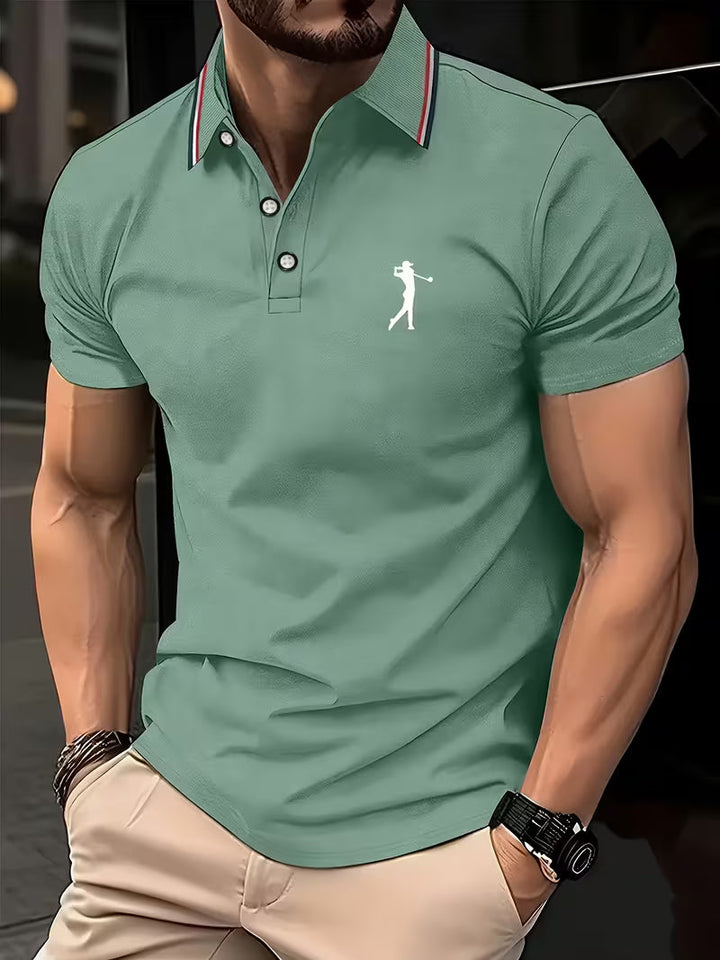 Nicolás | Polera manga corta con cuello camisero y estampado de golf