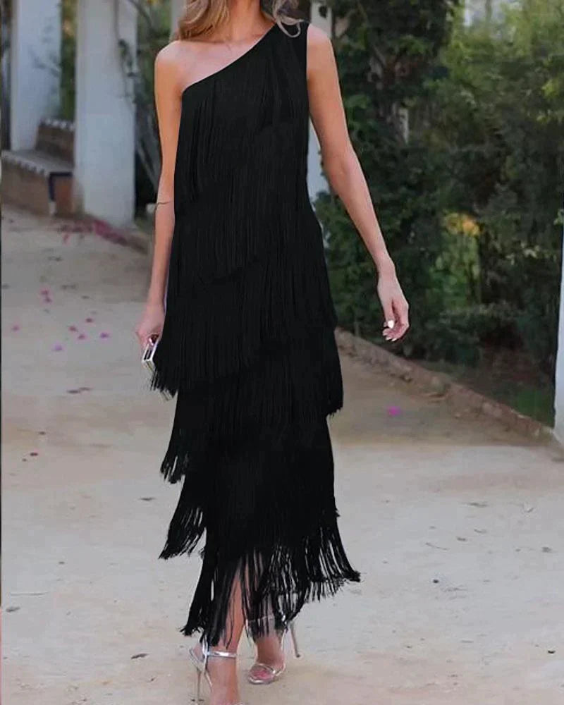 Eulalia | Vestido largo de flecos con un solo hombro