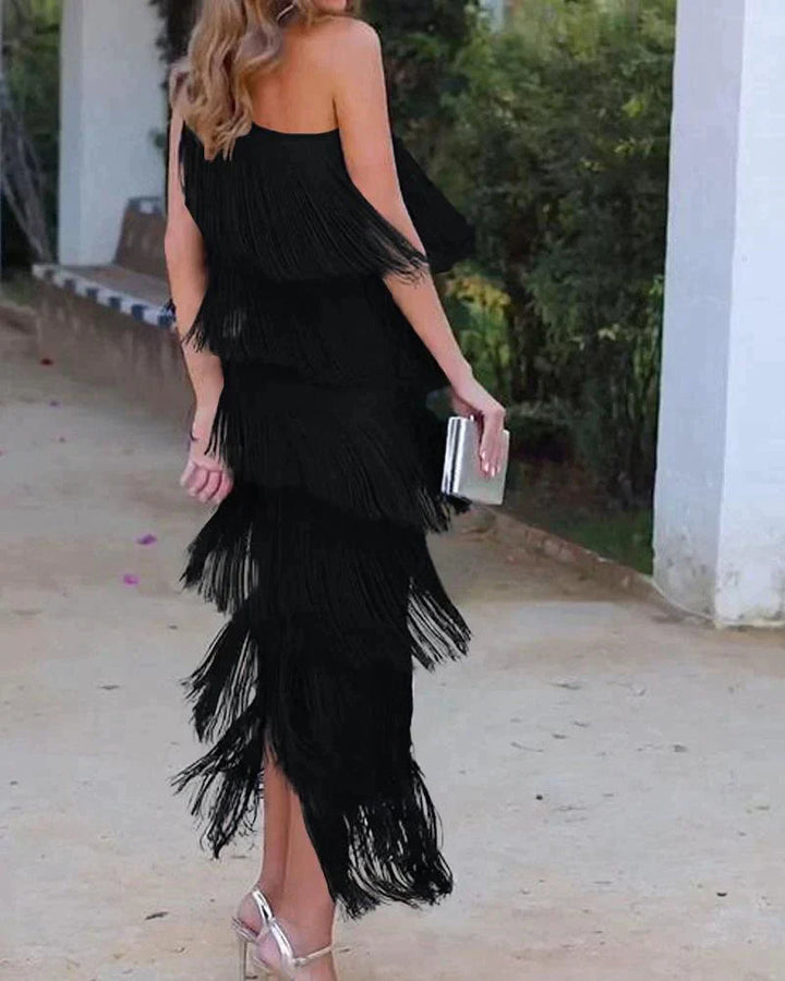 Eulalia | Vestido largo de flecos con un solo hombro