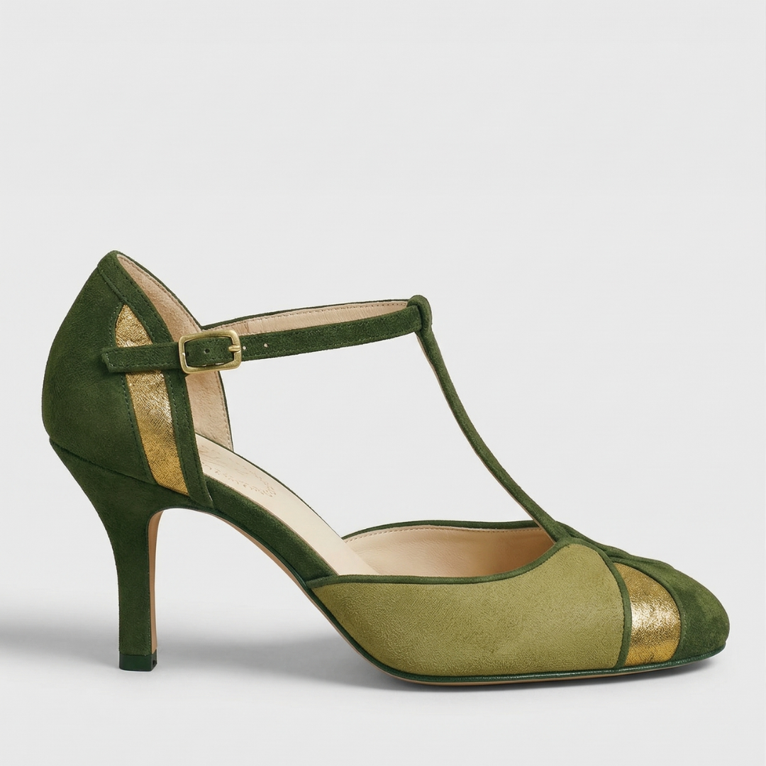 Damaris | Zapatos de taco con pulsera en T de gamuza