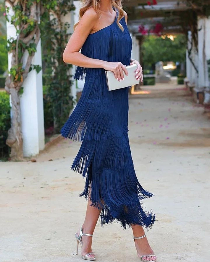 Eulalia | Vestido largo de flecos con un solo hombro