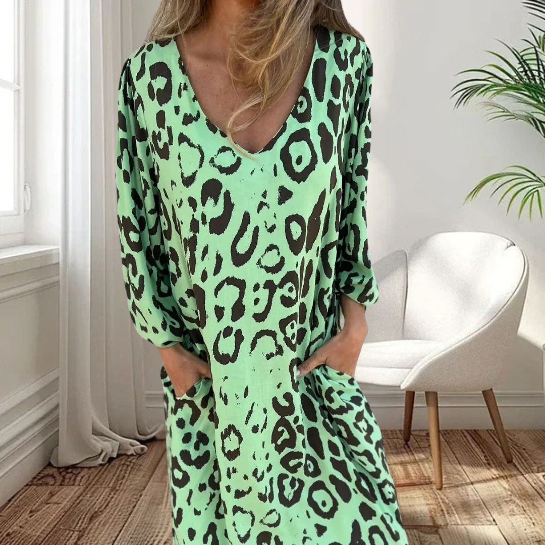 Makarena | Vestido largo escote V estampado leopardo