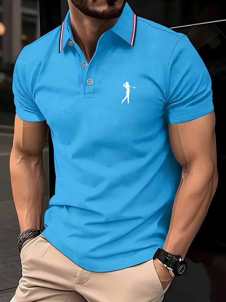 Nicolás | Polera manga corta con cuello camisero y estampado de golf