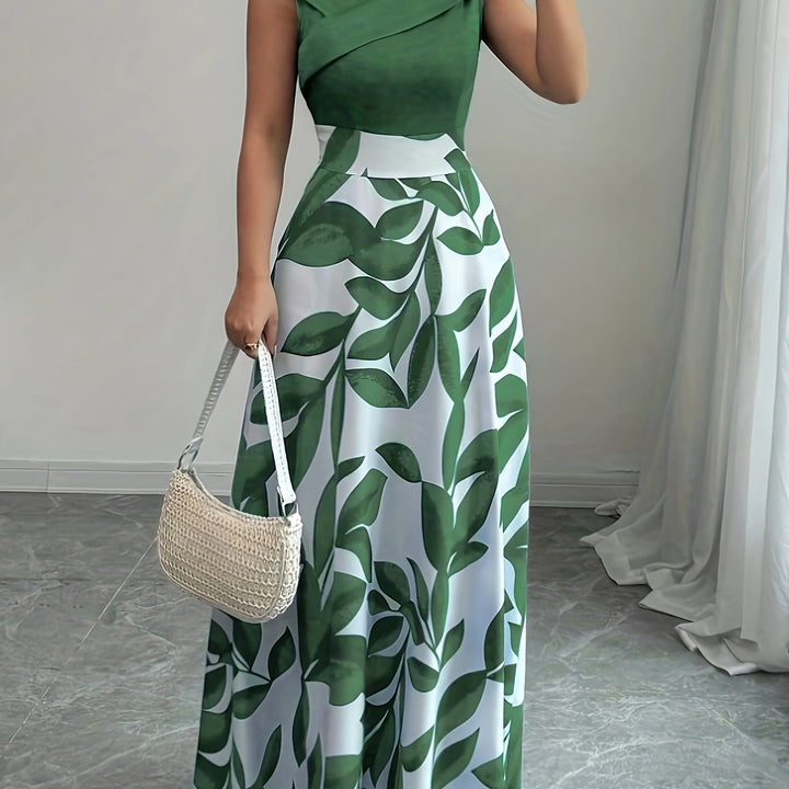 Ida | Vestido largo corte A con estampado de hojas