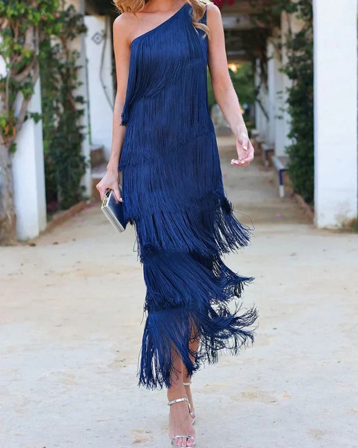Eulalia | Vestido largo de flecos con un solo hombro