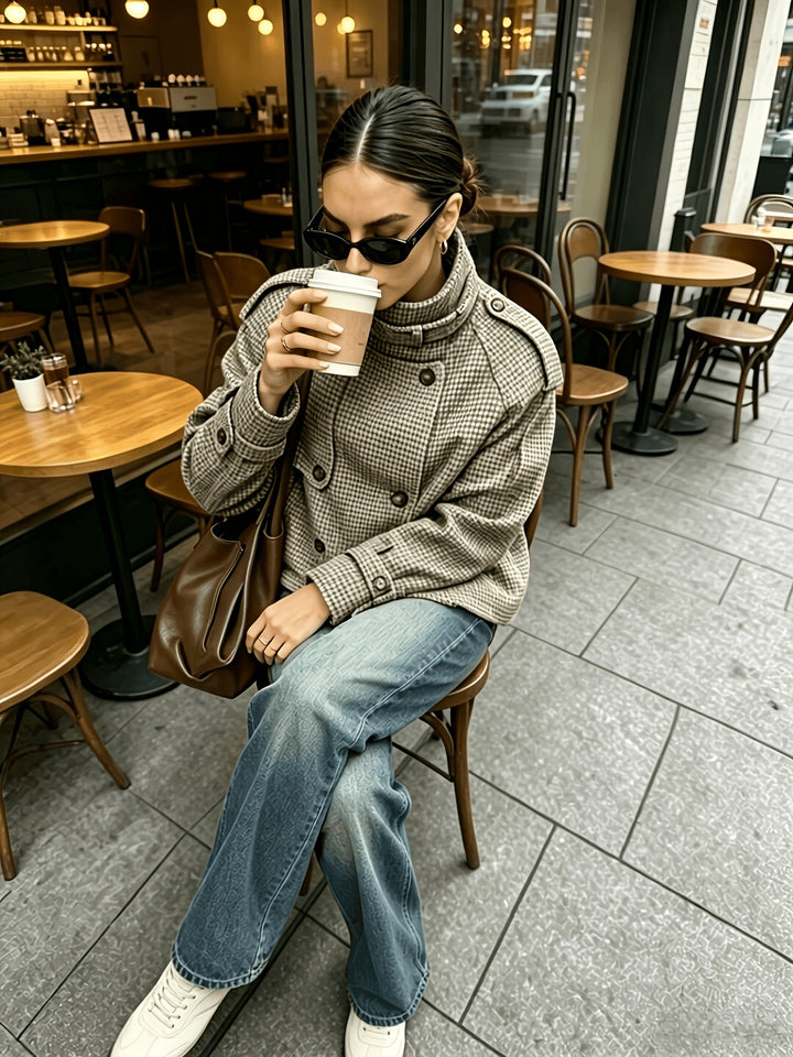Yusara | Chaqueta cropped pata de gallo con cuello alto