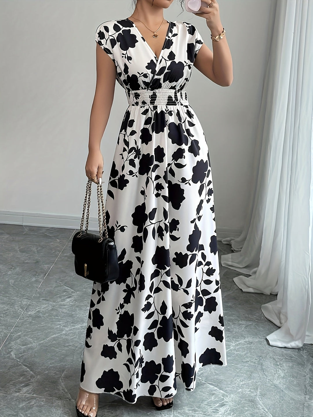 Bianca | Vestido largo floral con cintura fruncida