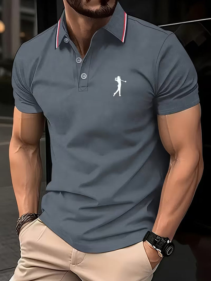 Nicolás | Polera manga corta con cuello camisero y estampado de golf
