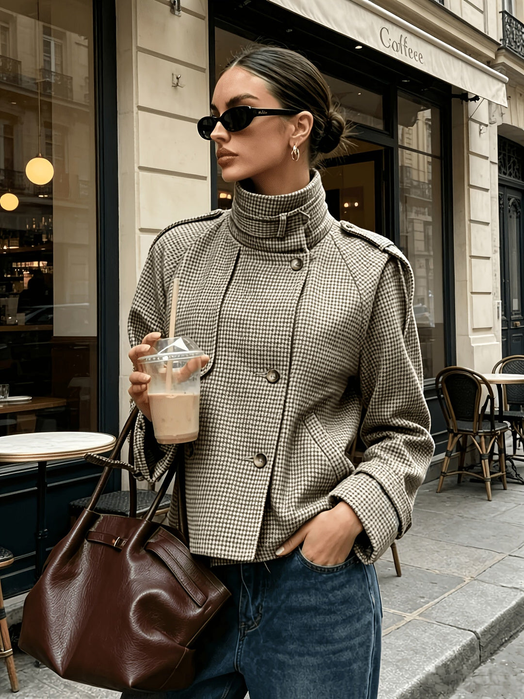 Yusara | Chaqueta cropped pata de gallo con cuello alto