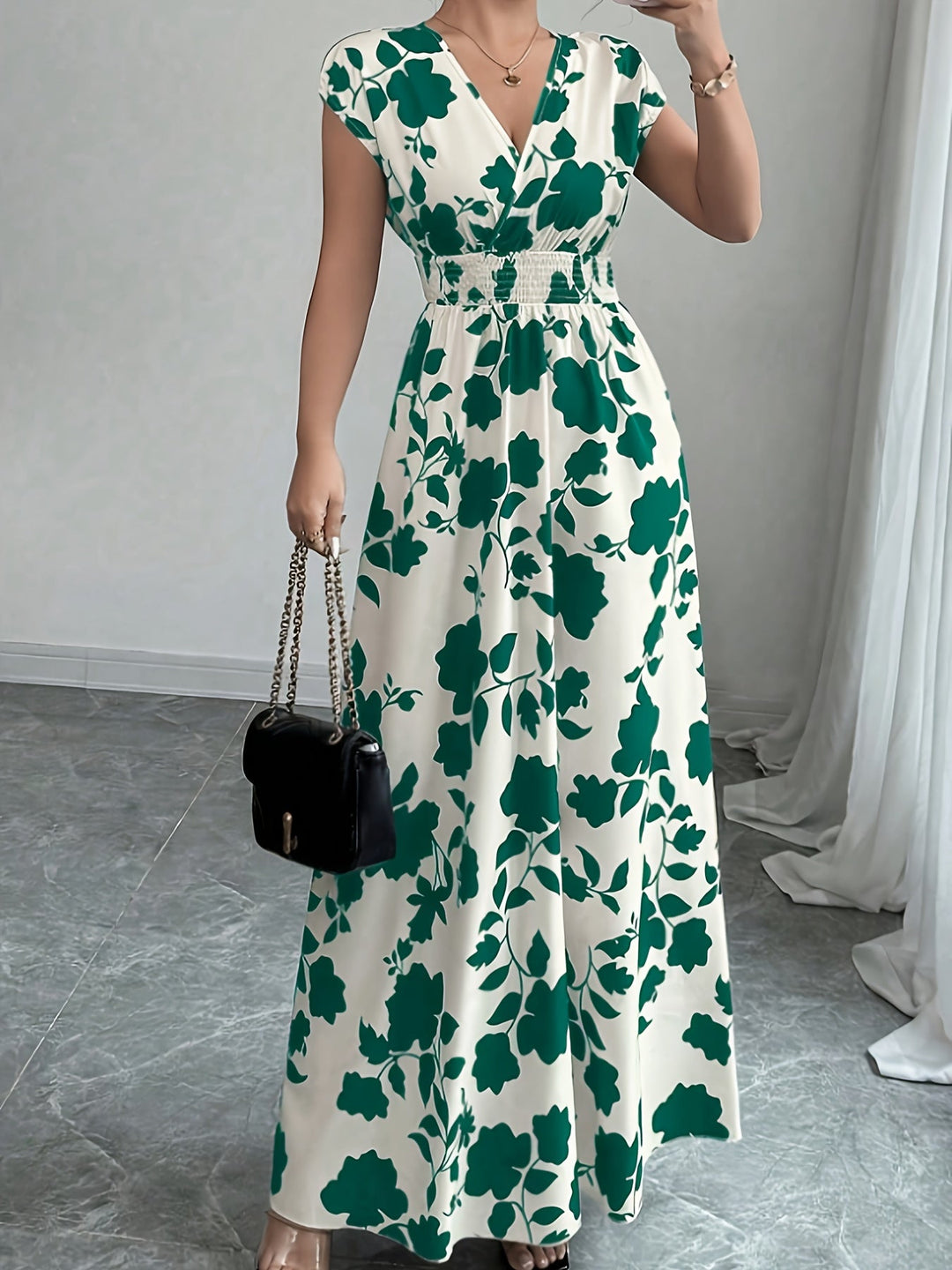 Bianca | Vestido largo floral con cintura fruncida