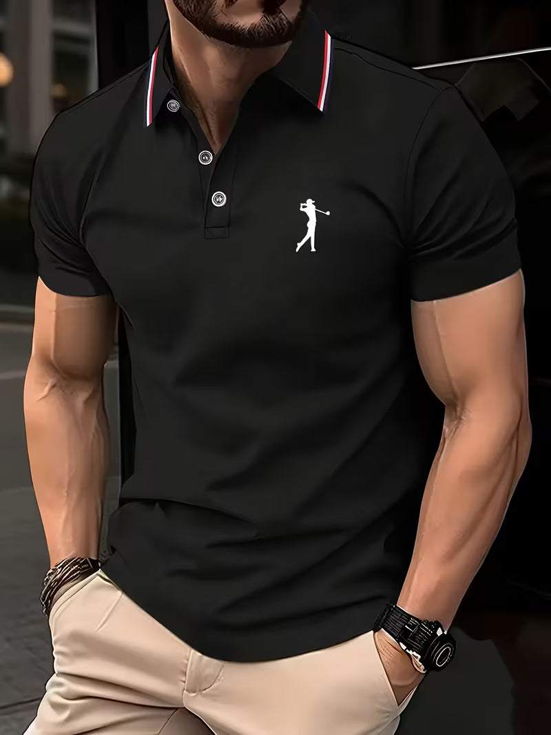 Nicolás | Polera manga corta con cuello camisero y estampado de golf