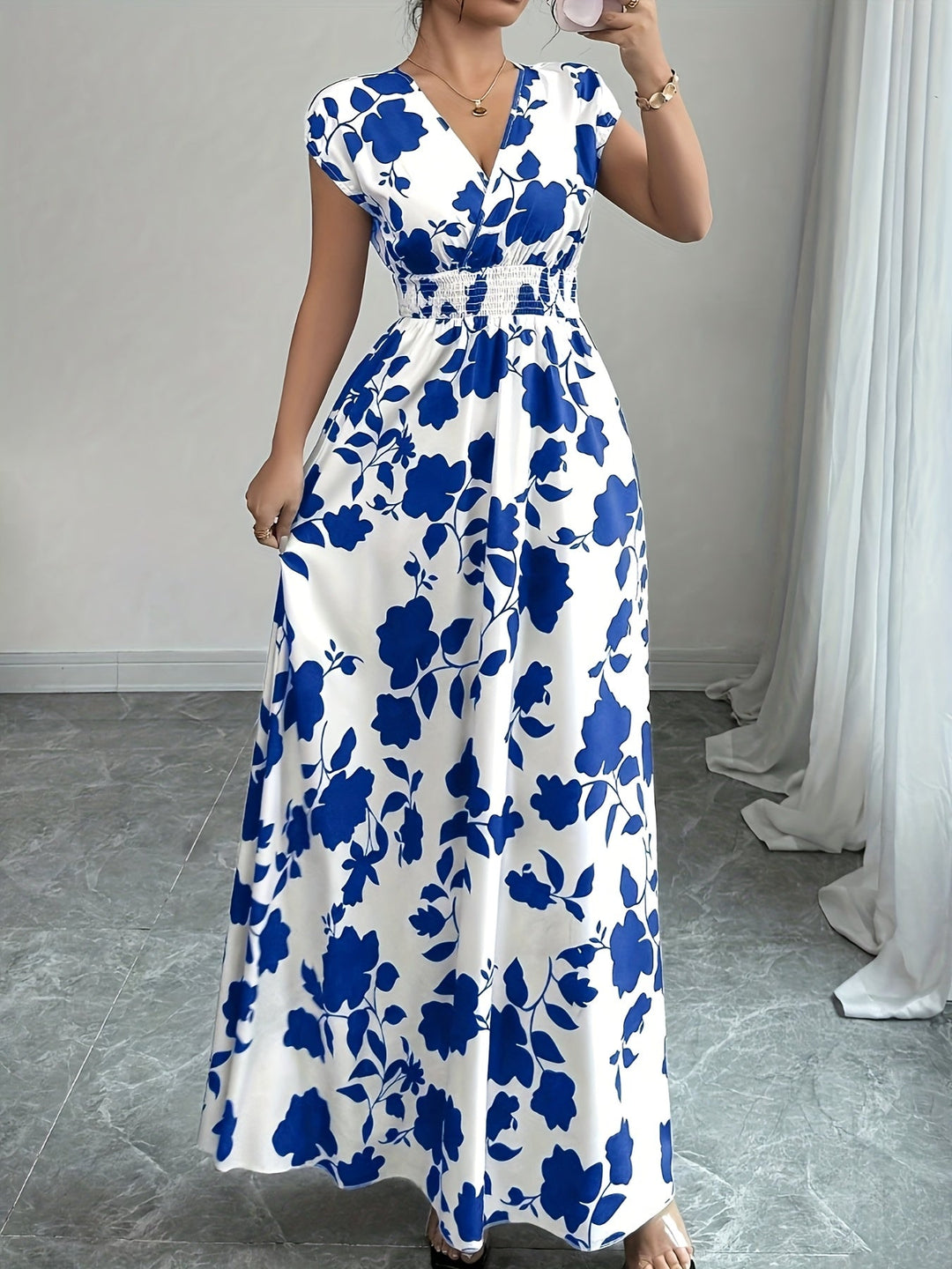 Bianca | Vestido largo floral con cintura fruncida