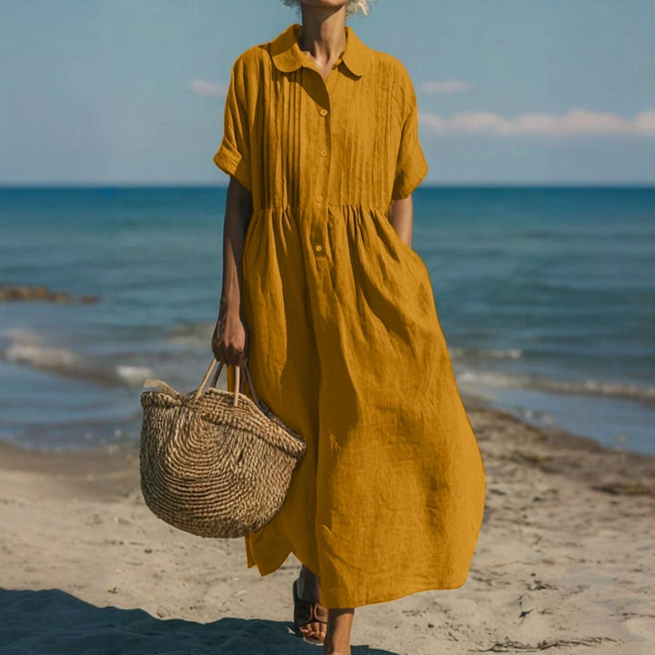 Isabel Margarita | Vestido largo plisado con cuello camisero
