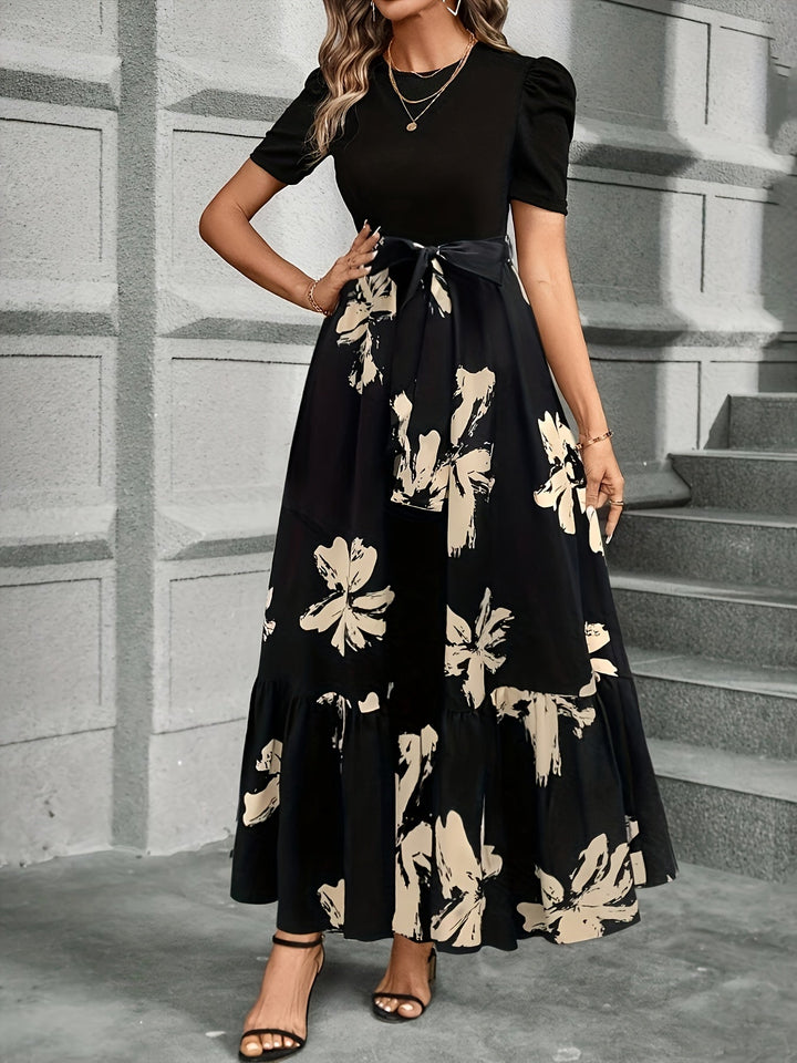 Fiorella | Vestido largo con falda floral y mangas abullonadas