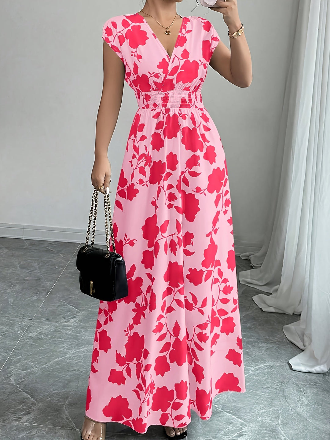 Bianca | Vestido largo floral con cintura fruncida