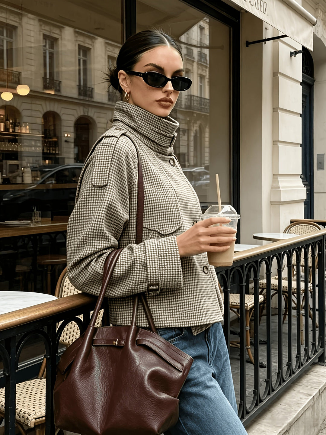 Yusara | Chaqueta cropped pata de gallo con cuello alto