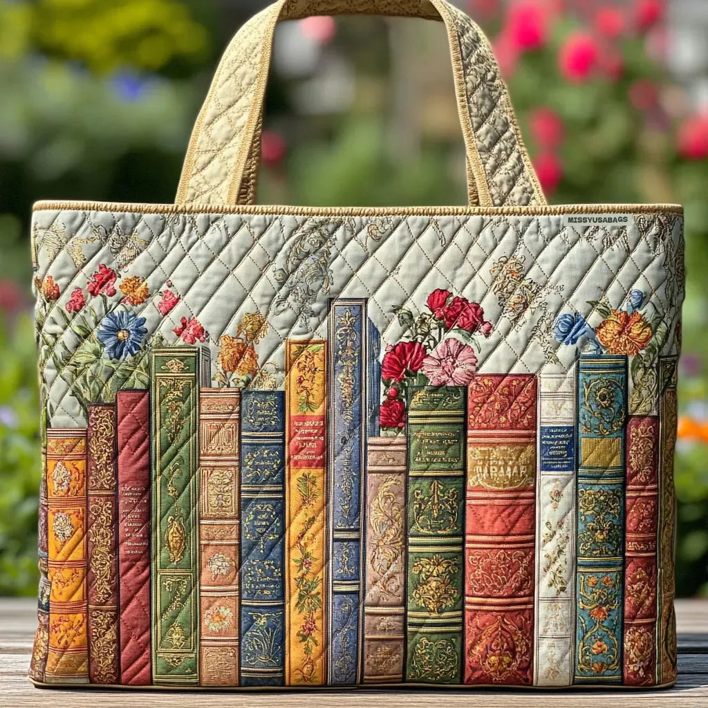 Alejandra | Bolso tote acolchado con estampado de libros y flores