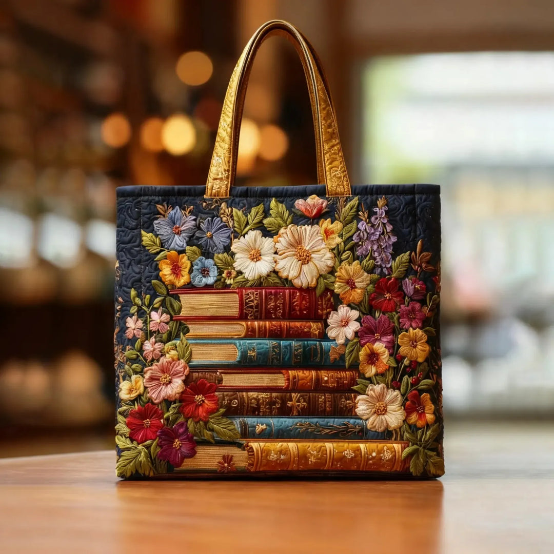 Scarlett | Bolso tote acolchado con estampado floral de libros