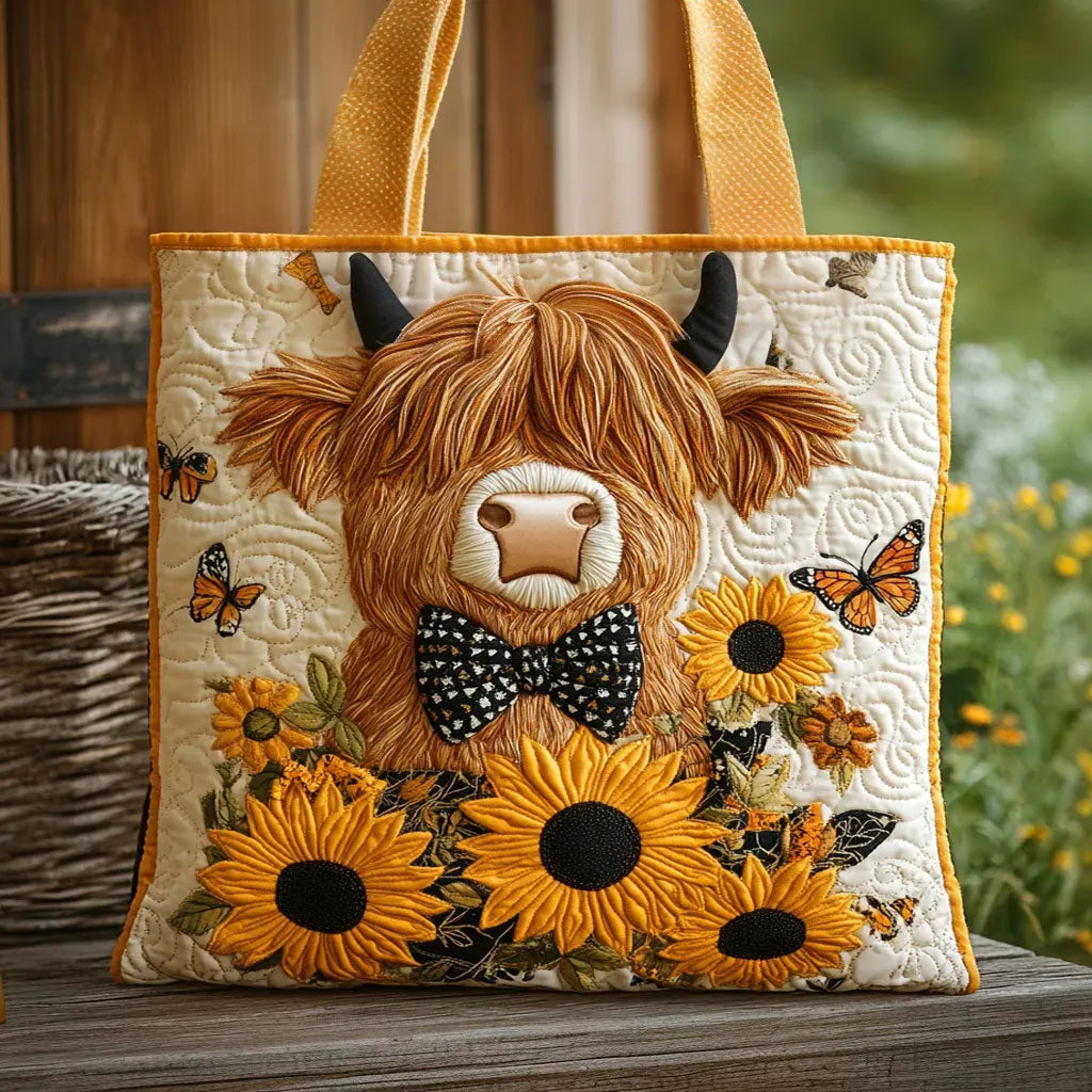 Carolina | Bolso tote acolchado con arte de vaquita y girasoles