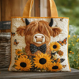 Carolina | Bolso tote acolchado con arte de vaquita y girasoles