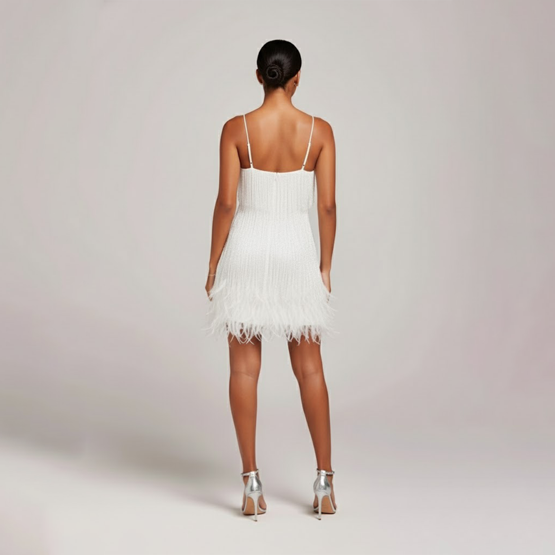 Cecilia | Vestido de fiesta con flecos y plumas