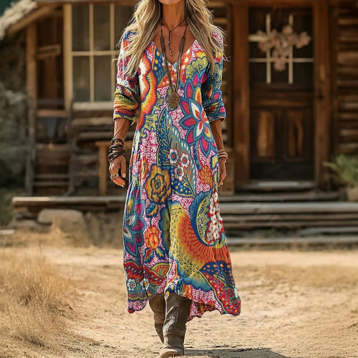 Dorila | Vestido largo estampado multicolor manga larga