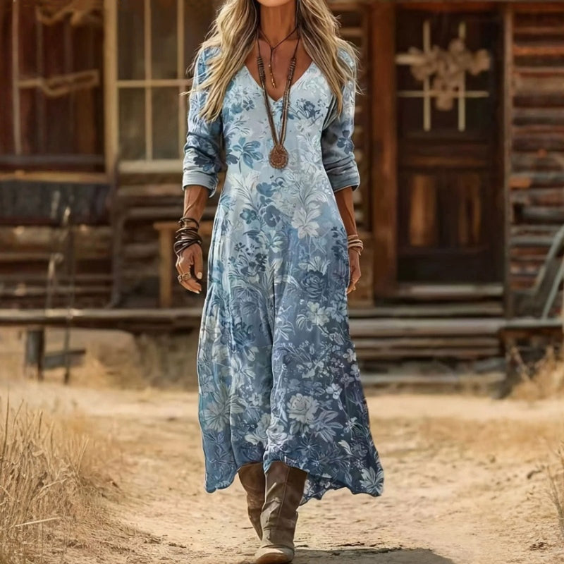 Carmen Gloria | Vestido largo floral de manga larga
