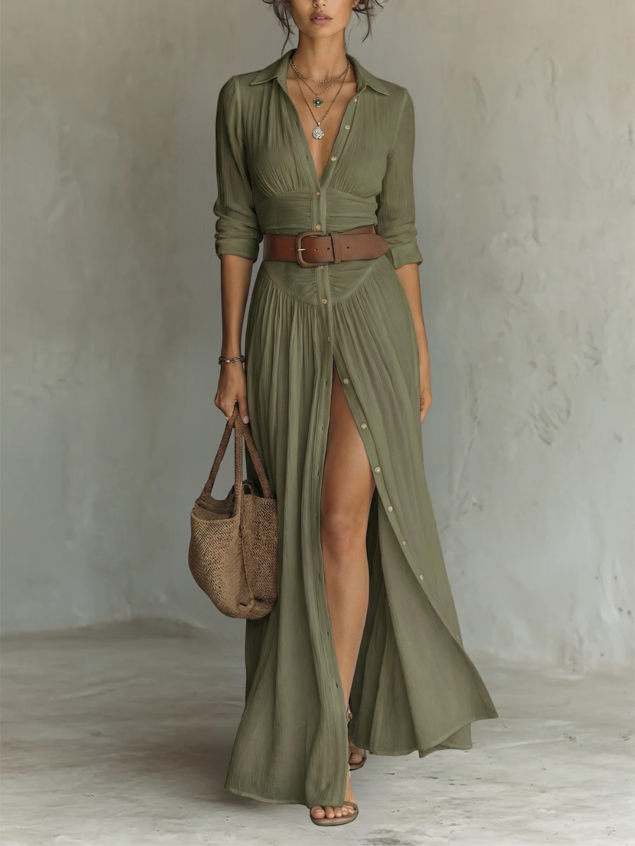 Aileen | Vestido largo manga larga con cuello camisero