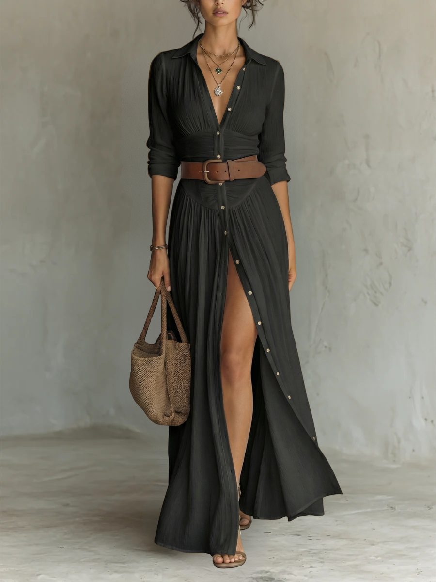 Aileen | Vestido largo manga larga con cuello camisero