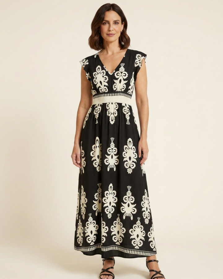 Gemita | Vestido largo con escote en V y estampado ornamental