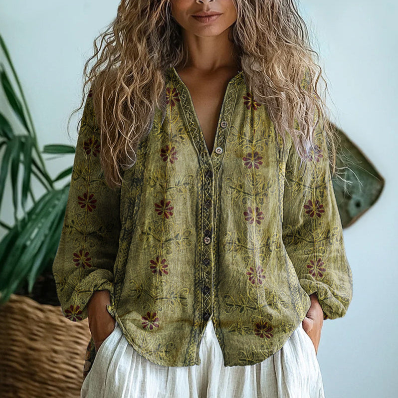 Nayaret | Blusa camisera con estampado de hojas vintage